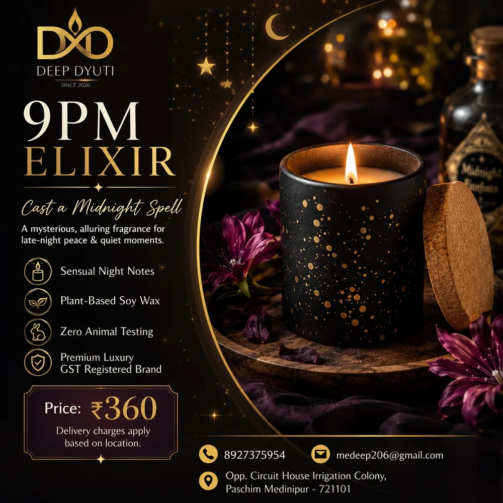 9PM Elixir black candle jar with golden speckles and dark flowers in a midnight atmosphere