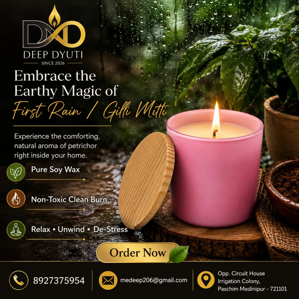 First Rain / Gilli Mitti candle with wet soil, water droplets and fresh green leaves visual theme