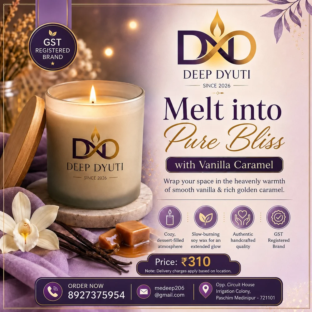 Vanilla Caramel candle with vanilla flowers, creamy caramel, and soft purple fabric background